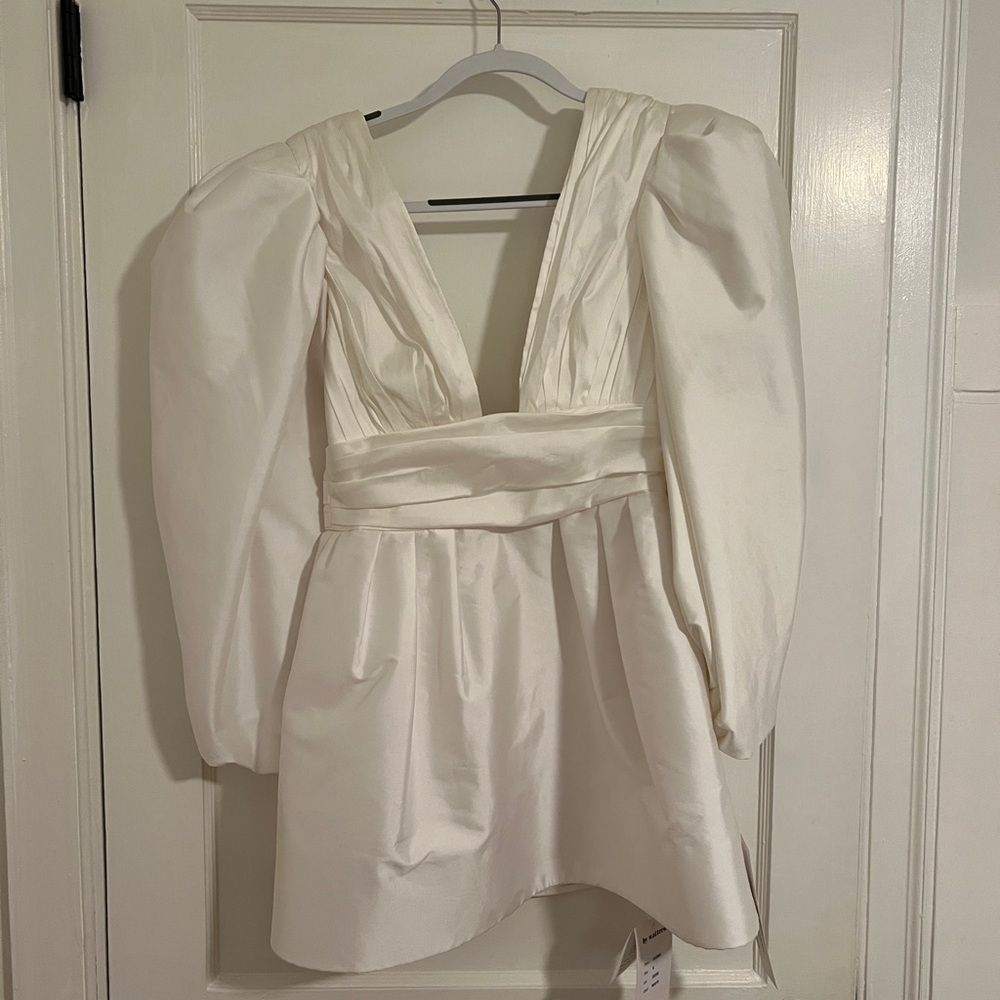 NWT Watters Meringue Radiant Taffeta V-Neck Balloon-Sleeve Mini Dress - Picture 4 of 7